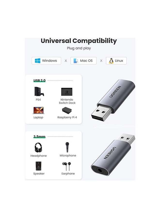 يو جرين محول بطاقة صوت USB خارجية 2 في 1 بمقبس USB مقاس 3.5 مم ستيريو من الألومنيوم متوافق مع لأجهزة ويندوز، ماك، بلايستيشن 5، لينوكس، الكمبيوتر المكتبي، اللابتوب - Image 2